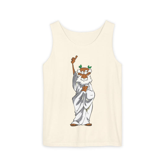 Unisex Garment-Dyed Tank Top featuring a Cheerful Wisdom Figure | Casual Summer Wear, Beach Essentials - Old Man