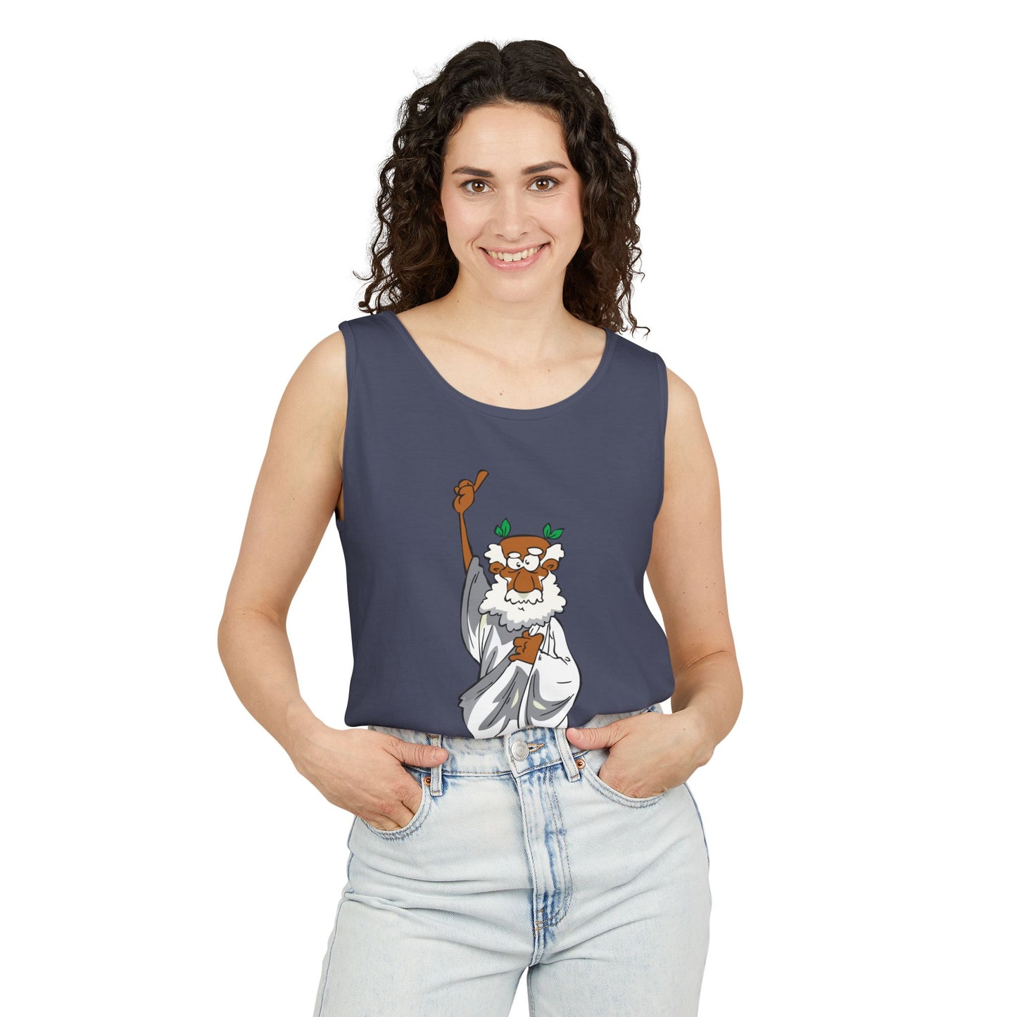 Unisex Garment-Dyed Tank Top featuring a Cheerful Wisdom Figure | Casual Summer Wear, Beach Essentials - Old Man