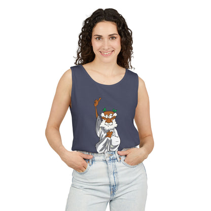 Unisex Garment-Dyed Tank Top featuring a Cheerful Wisdom Figure | Casual Summer Wear, Beach Essentials - Old Man