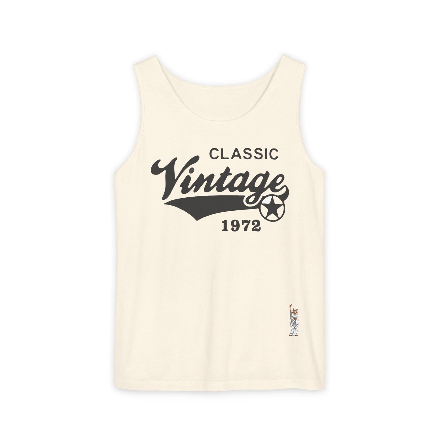 Unisex Garment-Dyed Tank Top featuring a Cheerful Wisdom Figure | Casual Summer Wear, Beach Essentials - Classic Vintage 1972