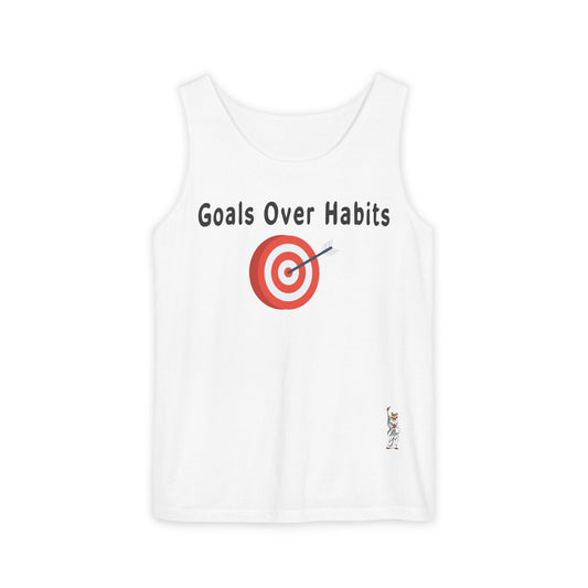 Unisex Garment-Dyed Tank Top featuring a Cheerful Wisdom Figure | Casual Summer Wear, Beach Essentials - Goals Over Habits - Black text
