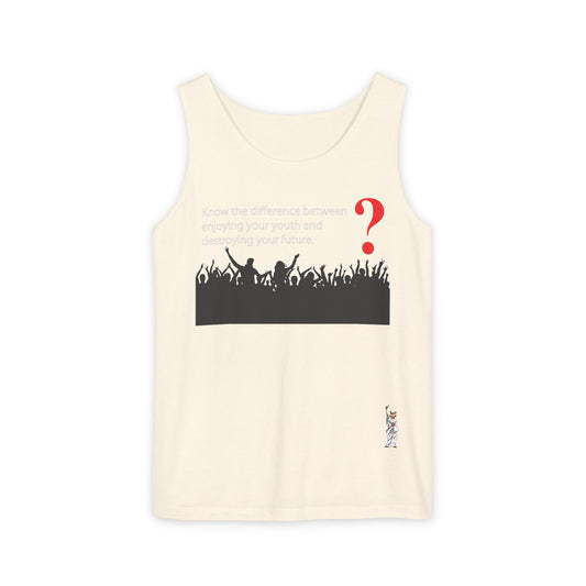 Unisex Garment-Dyed Tank Top featuring a Cheerful Wisdom Figure | Casual Summer Wear, Beach Essentials - Know the difference