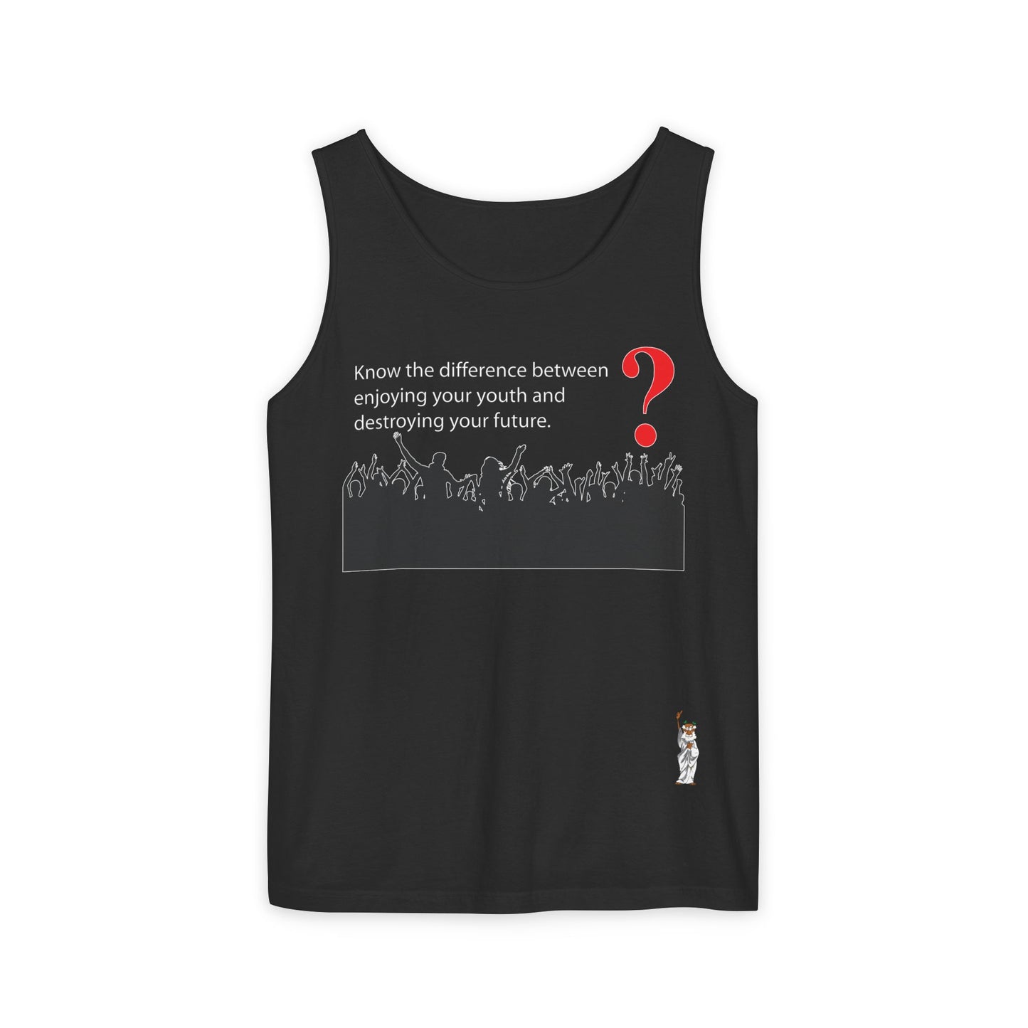 Unisex Garment-Dyed Tank Top featuring a Cheerful Wisdom Figure | Casual Summer Wear, Beach Essentials - Know the difference