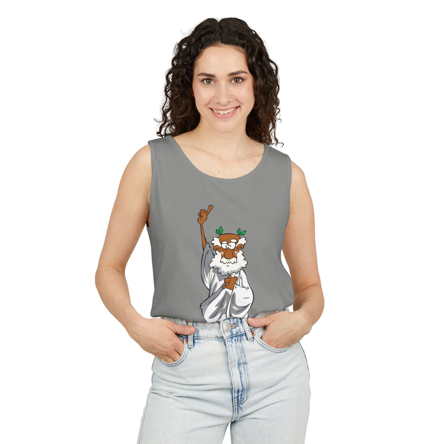 Unisex Garment-Dyed Tank Top featuring a Cheerful Wisdom Figure | Casual Summer Wear, Beach Essentials - Old Man