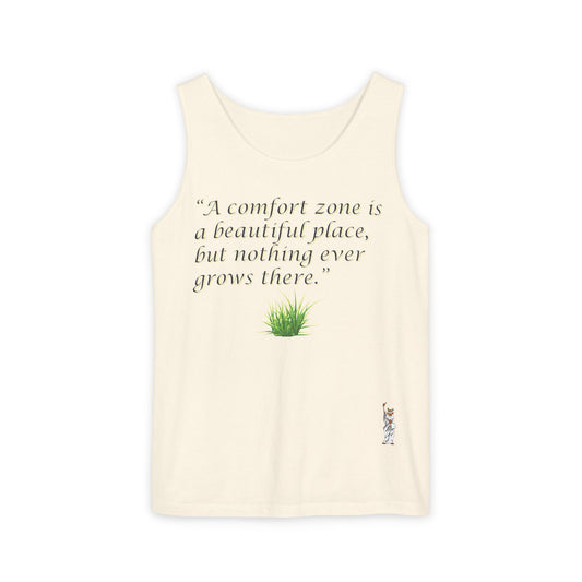 Unisex Garment-Dyed Tank Top featuring a Cheerful Wisdom Figure | Casual Summer Wear, Beach Essentials - Comfort zone is a beautiful place