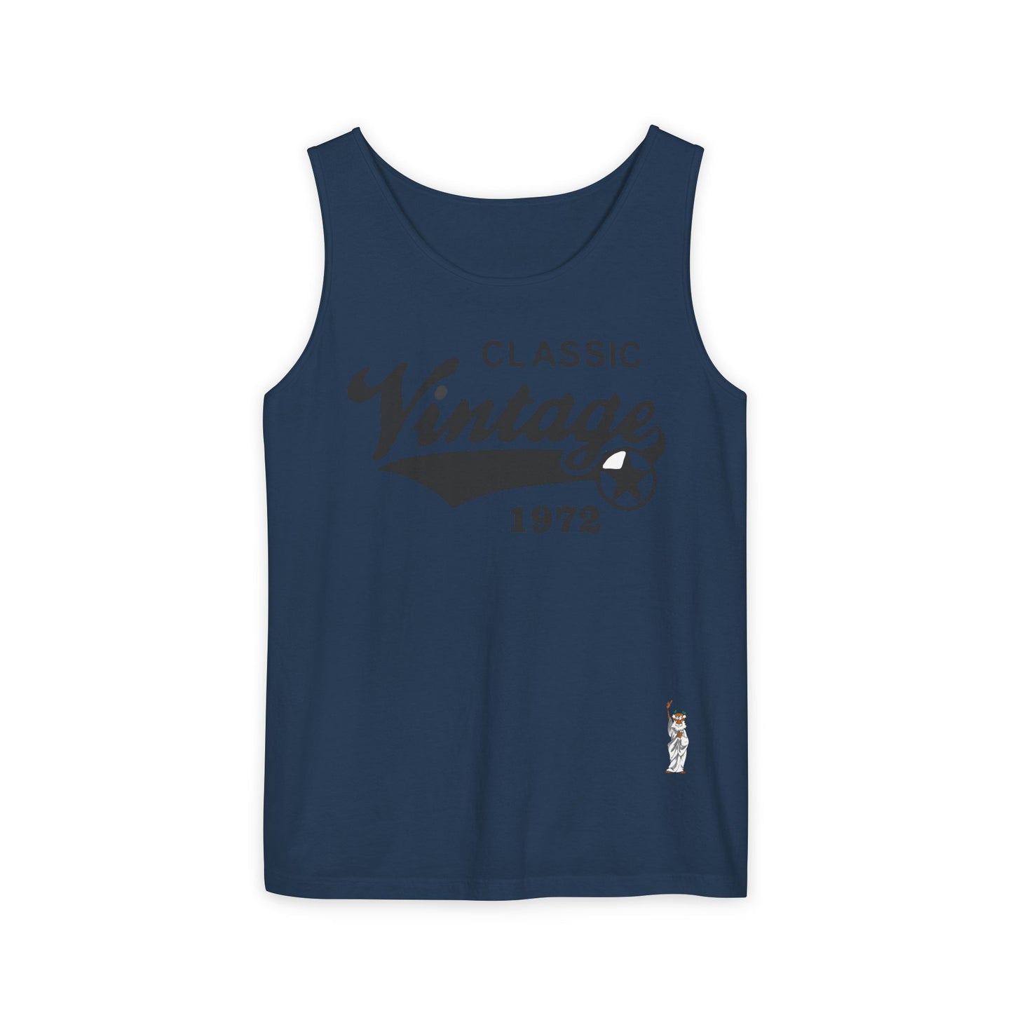 Unisex Garment-Dyed Tank Top featuring a Cheerful Wisdom Figure | Casual Summer Wear, Beach Essentials - Classic Vintage 1972