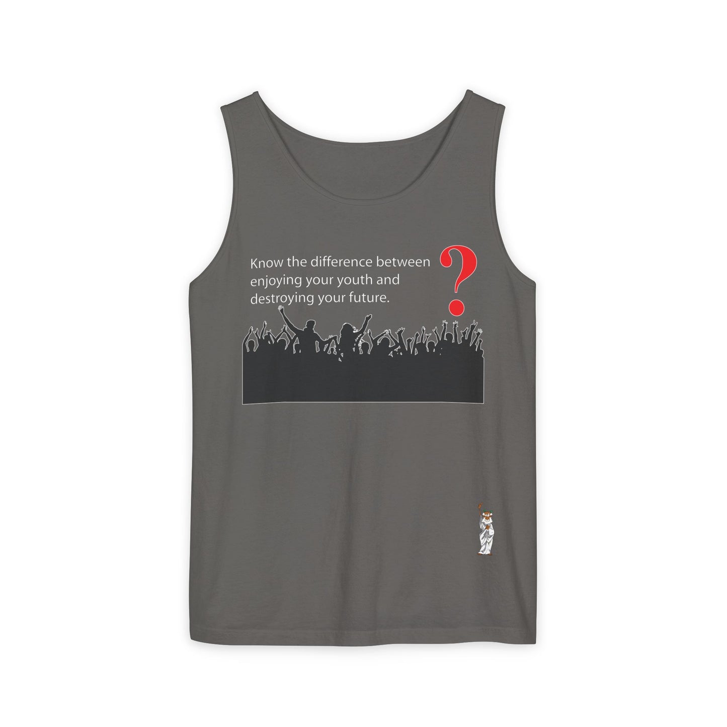 Unisex Garment-Dyed Tank Top featuring a Cheerful Wisdom Figure | Casual Summer Wear, Beach Essentials - Know the difference