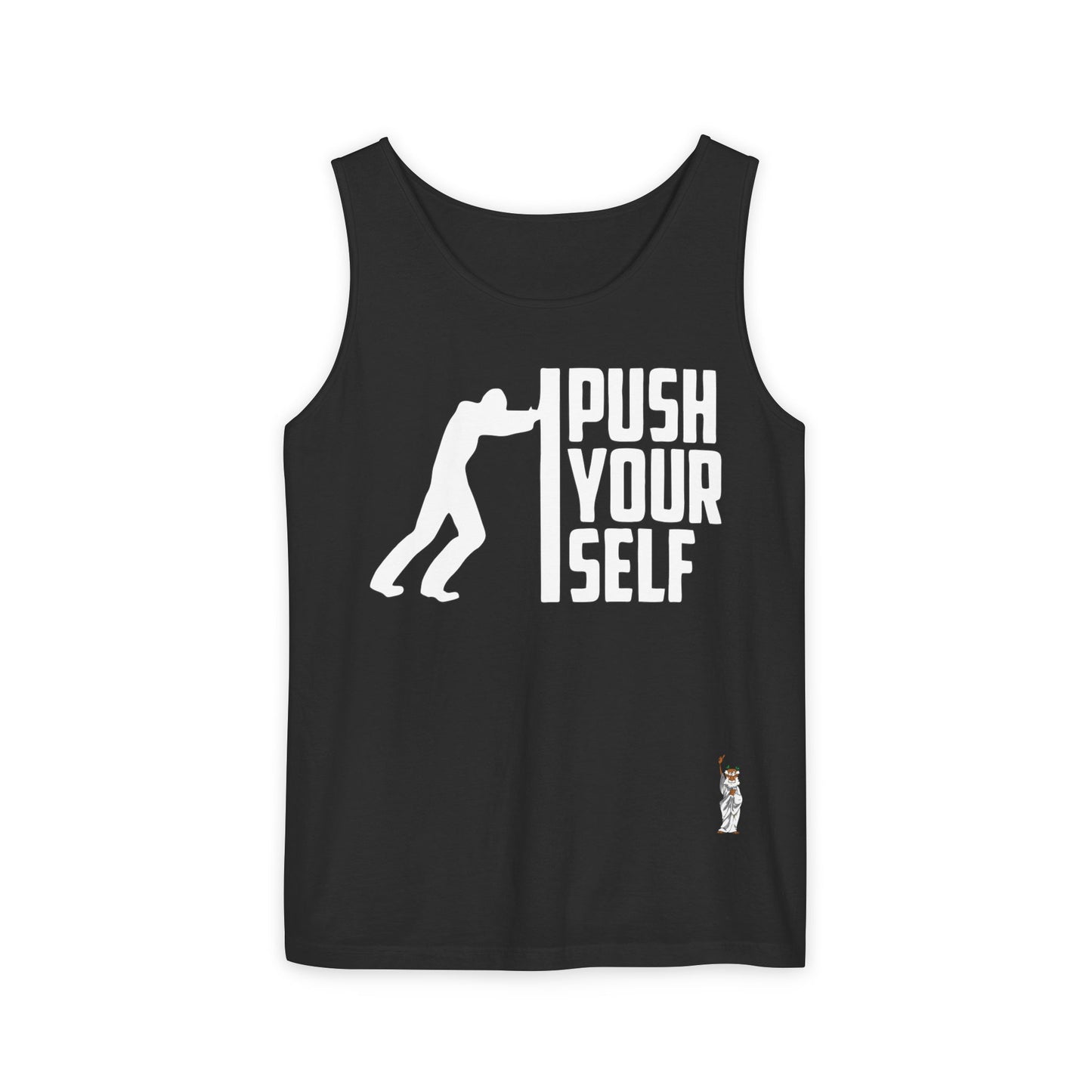 Unisex Garment-Dyed Tank Top featuring a Cheerful Wisdom Figure | Casual Summer Wear, Beach Essentials - Push Yourself - White