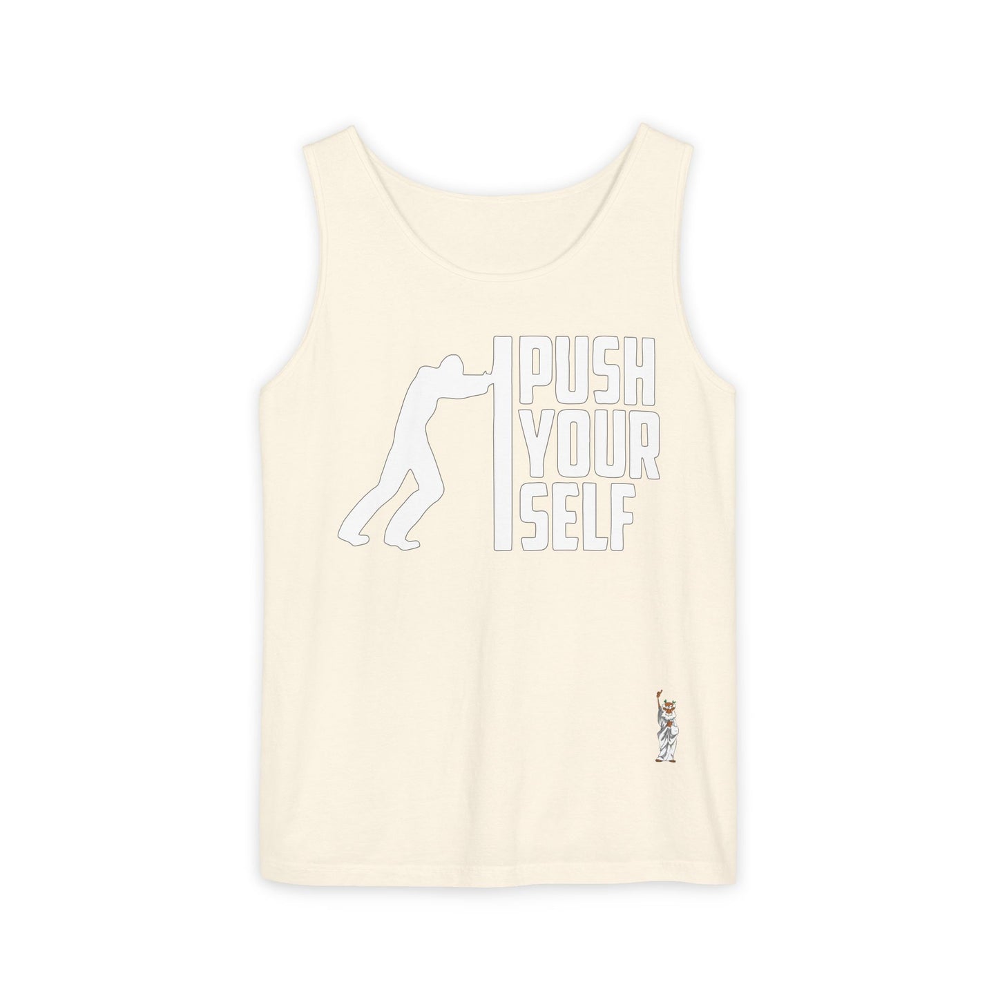 Unisex Garment-Dyed Tank Top featuring a Cheerful Wisdom Figure | Casual Summer Wear, Beach Essentials - Push Yourself - White