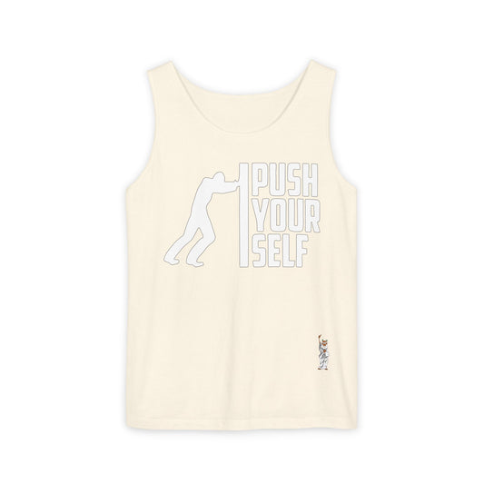 Unisex Garment-Dyed Tank Top featuring a Cheerful Wisdom Figure | Casual Summer Wear, Beach Essentials - Push Yourself - White