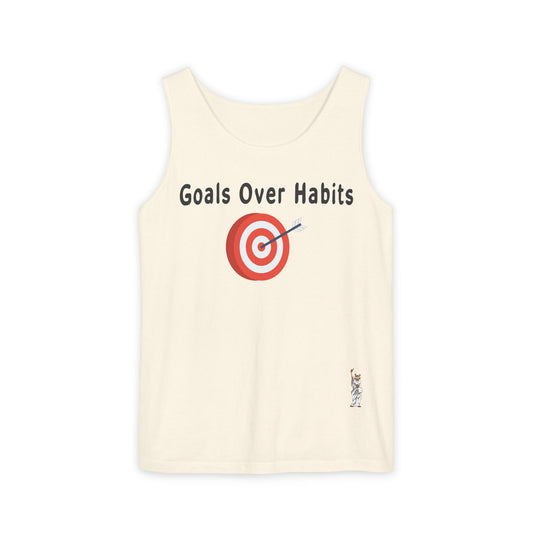 Unisex Garment-Dyed Tank Top featuring a Cheerful Wisdom Figure | Casual Summer Wear, Beach Essentials - Goals Over Habits - Black text