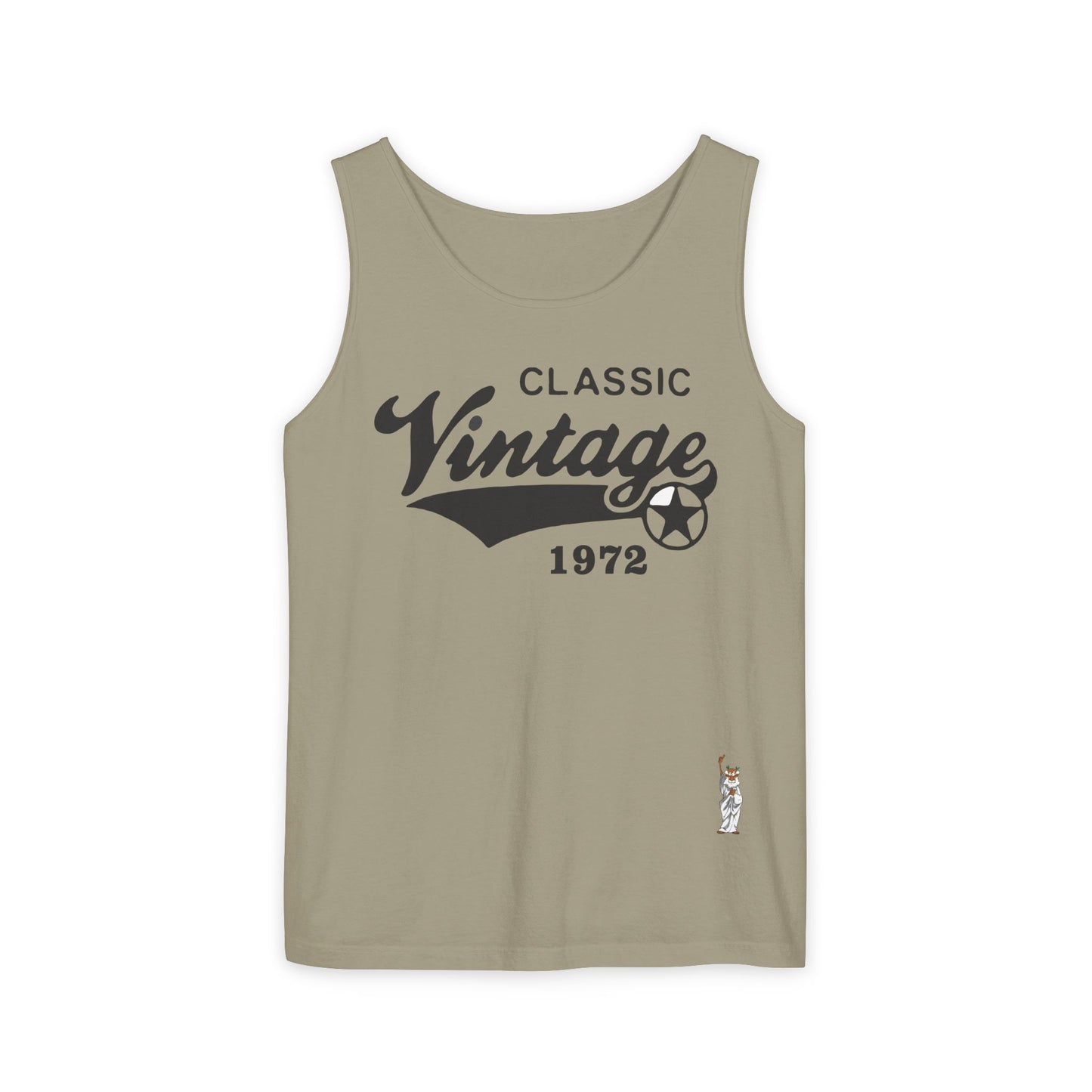 Unisex Garment-Dyed Tank Top featuring a Cheerful Wisdom Figure | Casual Summer Wear, Beach Essentials - Classic Vintage 1972