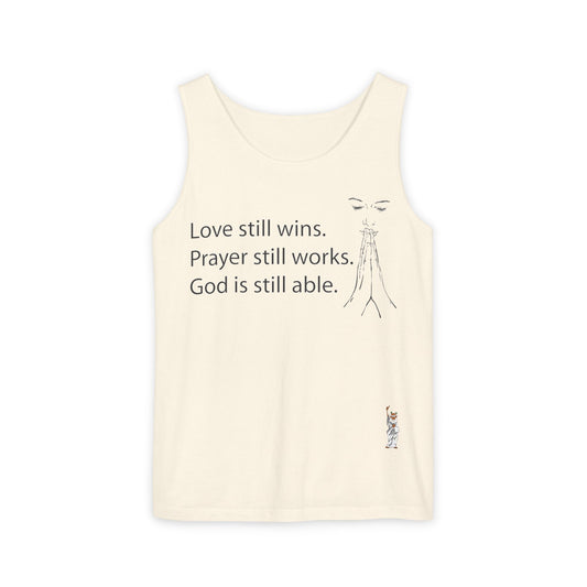 Unisex Garment-Dyed Tank Top featuring a Cheerful Wisdom Figure | Casual Summer Wear, Beach Essentials - God is able