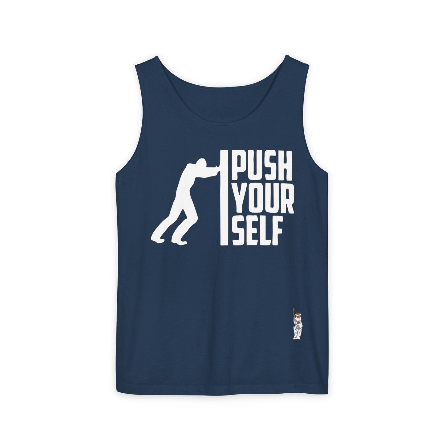 Unisex Garment-Dyed Tank Top featuring a Cheerful Wisdom Figure | Casual Summer Wear, Beach Essentials - Push Yourself - White