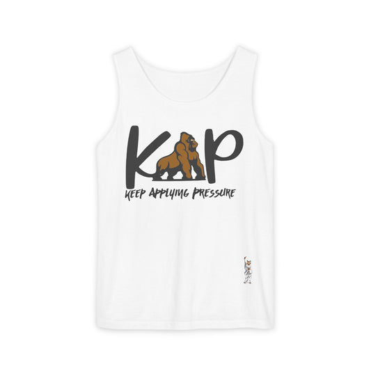 Unisex Garment-Dyed Tank Top featuring a Cheerful Wisdom Figure | Casual Summer Wear, Beach Essentials - Keep Applying Pressure
