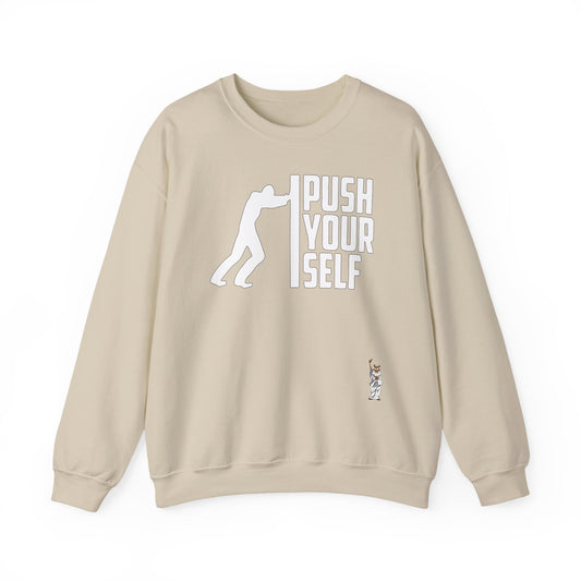 Whimsical Comedy Sweatshirt - Unisex Crewneck,  Everyday Wear, Holiday Apparel, Graphic Sweatshirt - Push Yourself - White