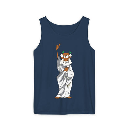 Unisex Garment-Dyed Tank Top featuring a Cheerful Wisdom Figure | Casual Summer Wear, Beach Essentials - Old Man