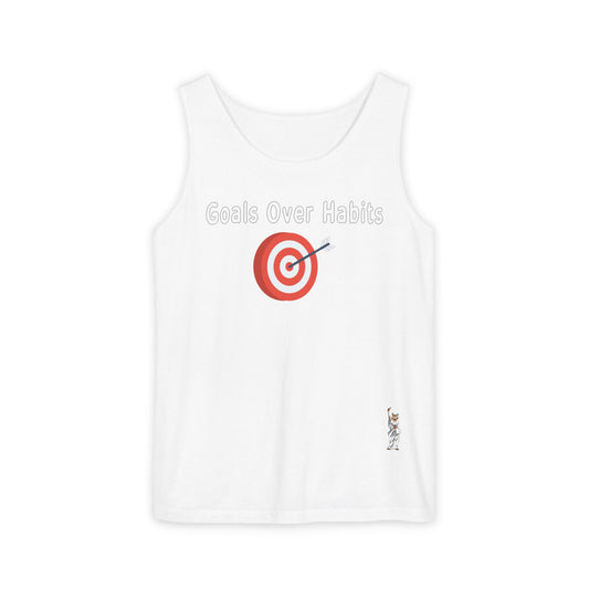Unisex Garment-Dyed Tank Top featuring a Cheerful Wisdom Figure | Casual Summer Wear, Beach Essentials - Goals Over Habits - White text