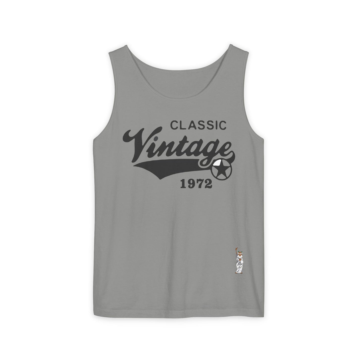 Unisex Garment-Dyed Tank Top featuring a Cheerful Wisdom Figure | Casual Summer Wear, Beach Essentials - Classic Vintage 1972