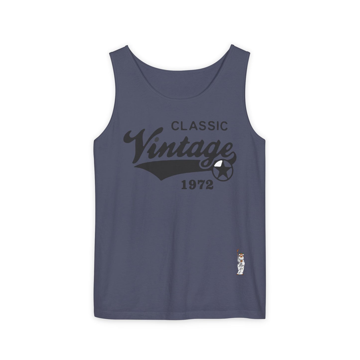 Unisex Garment-Dyed Tank Top featuring a Cheerful Wisdom Figure | Casual Summer Wear, Beach Essentials - Classic Vintage 1972