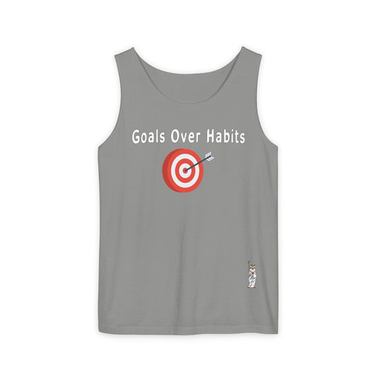 Unisex Garment-Dyed Tank Top featuring a Cheerful Wisdom Figure | Casual Summer Wear, Beach Essentials - Goals Over Habits - White text