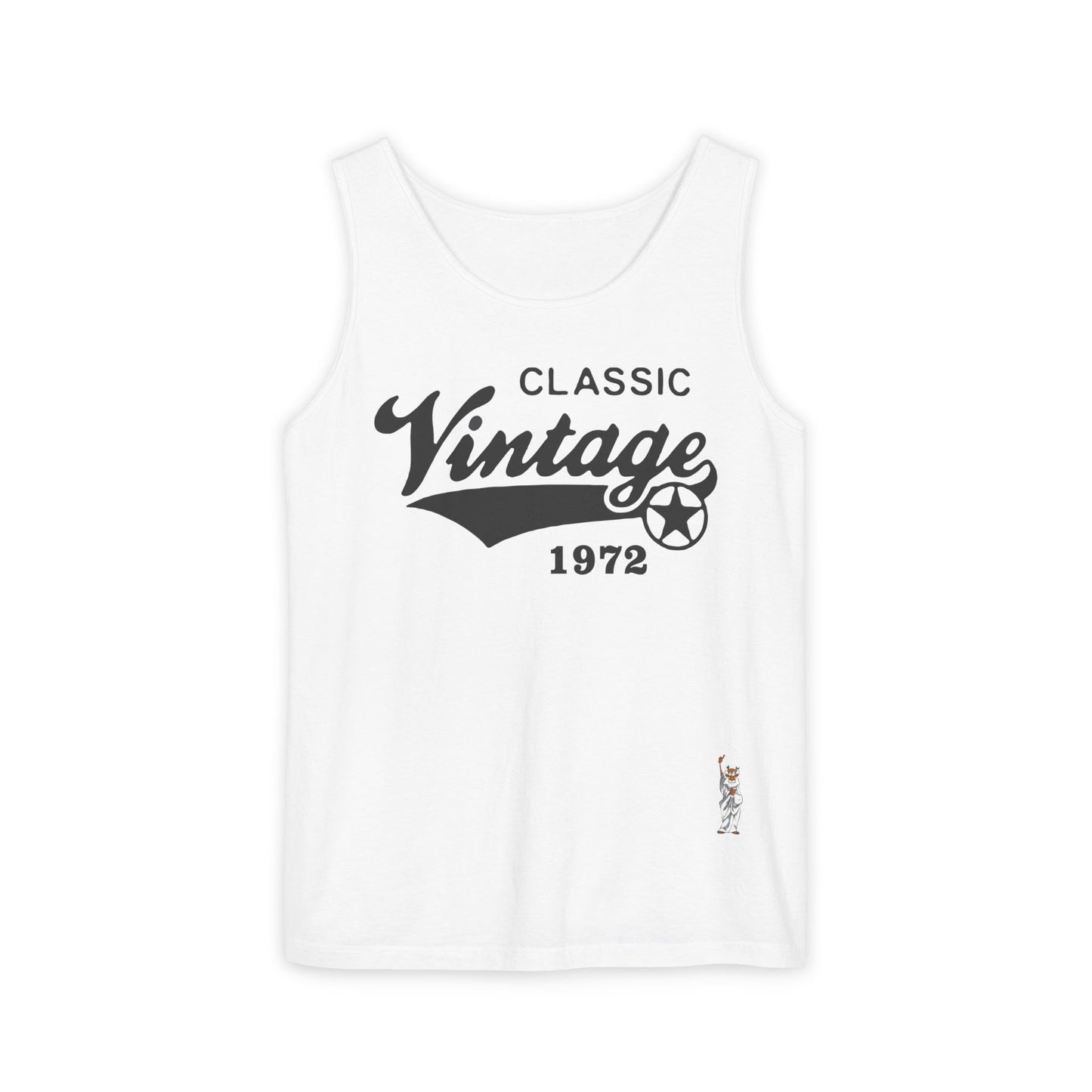Unisex Garment-Dyed Tank Top featuring a Cheerful Wisdom Figure | Casual Summer Wear, Beach Essentials - Classic Vintage 1972