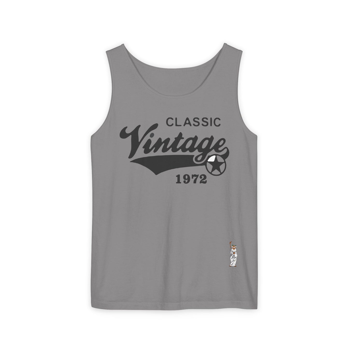 Unisex Garment-Dyed Tank Top featuring a Cheerful Wisdom Figure | Casual Summer Wear, Beach Essentials - Classic Vintage 1972