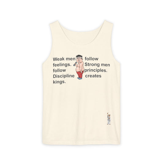 Unisex Garment-Dyed Tank Top featuring a Cheerful Wisdom Figure | Casual Summer Wear, Beach Essentials - Weak men follow feelings