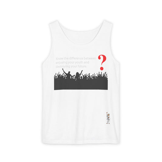 Unisex Garment-Dyed Tank Top featuring a Cheerful Wisdom Figure | Casual Summer Wear, Beach Essentials - Know the difference