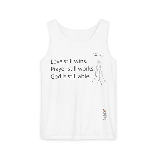 Unisex Garment-Dyed Tank Top featuring a Cheerful Wisdom Figure | Casual Summer Wear, Beach Essentials - God is able
