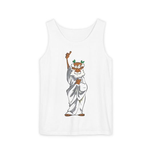Unisex Garment-Dyed Tank Top featuring a Cheerful Wisdom Figure | Casual Summer Wear, Beach Essentials - Old Man