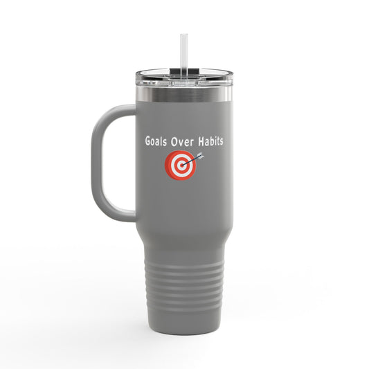 Fun Insulated Travel Mug with Cartoon Character, 40oz Coffee Tumbler, Gift for Teachers, Travel Accessories - Goals Over Habits - White text