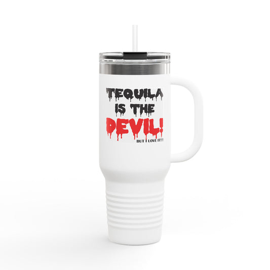 Fun Insulated Travel Mug with Cartoon Character, 40oz Tumbler, Gift for Teachers, Travel Accessories - Tequila is the devil-but i love it