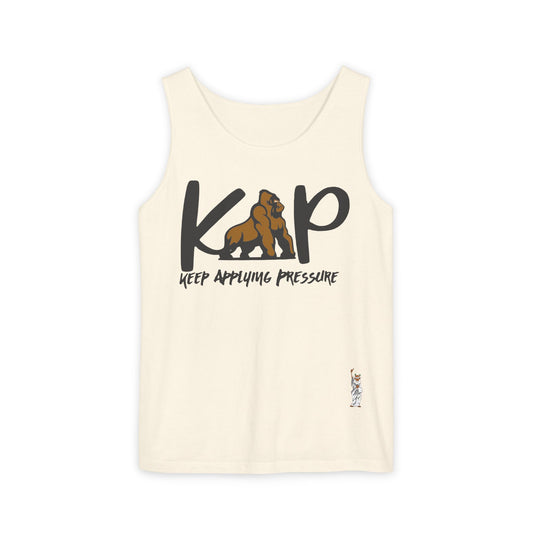Unisex Garment-Dyed Tank Top featuring a Cheerful Wisdom Figure | Casual Summer Wear, Beach Essentials - Keep Applying Pressure