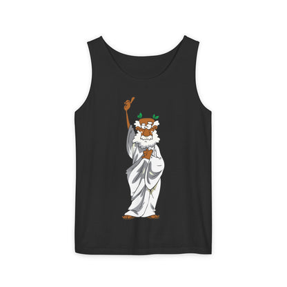 Unisex Garment-Dyed Tank Top featuring a Cheerful Wisdom Figure | Casual Summer Wear, Beach Essentials - Old Man