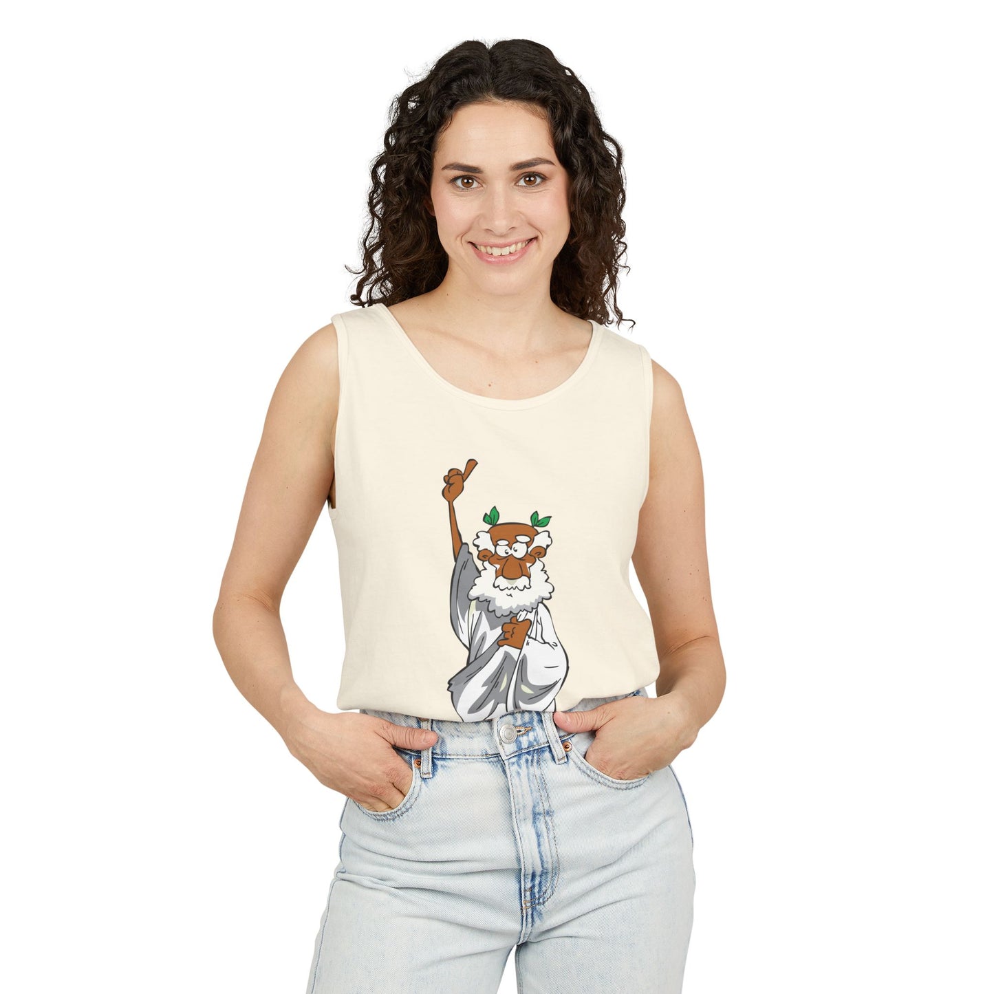 Unisex Garment-Dyed Tank Top featuring a Cheerful Wisdom Figure | Casual Summer Wear, Beach Essentials - Old Man