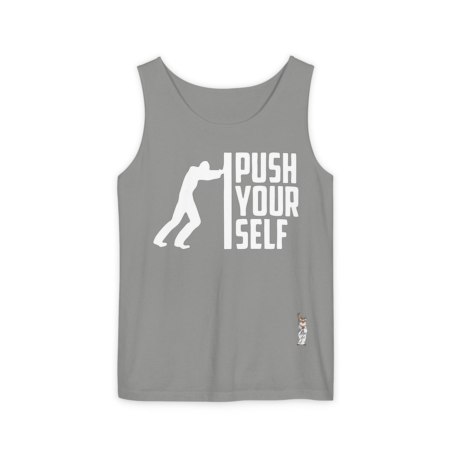 Unisex Garment-Dyed Tank Top featuring a Cheerful Wisdom Figure | Casual Summer Wear, Beach Essentials - Push Yourself - White
