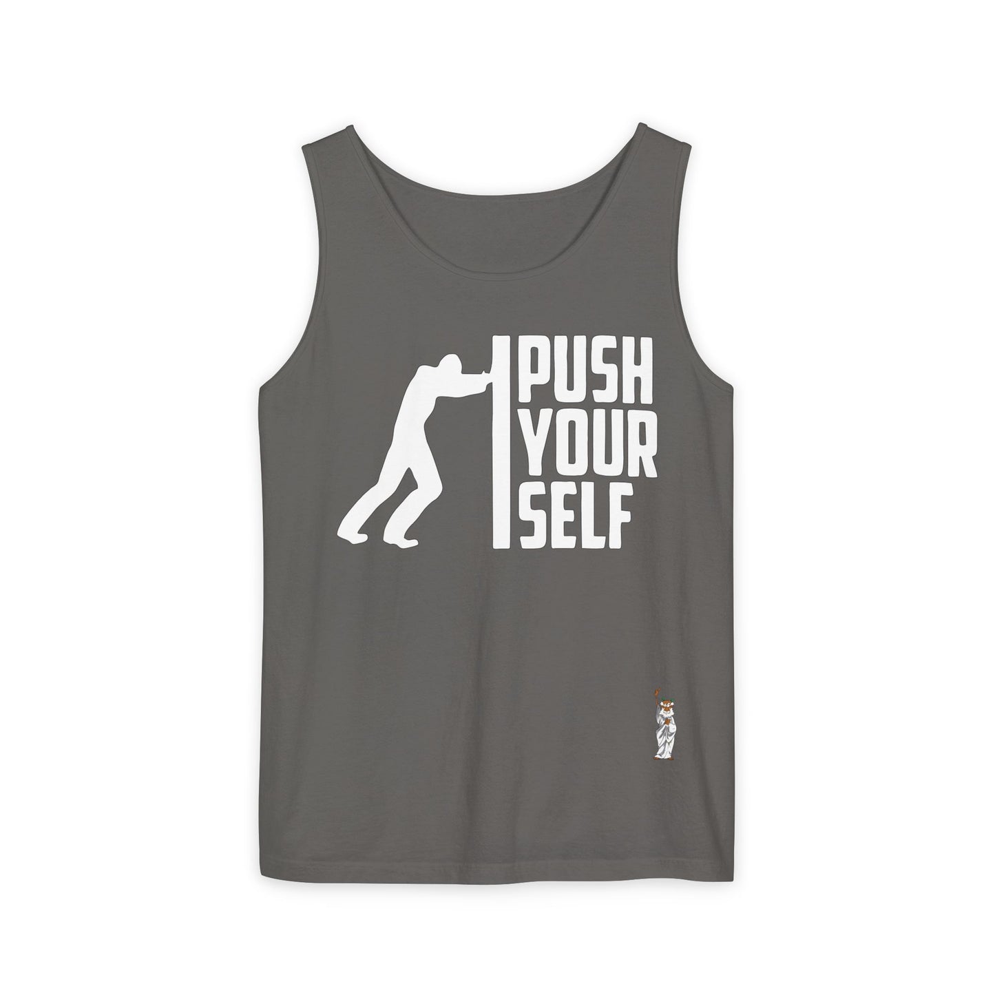 Unisex Garment-Dyed Tank Top featuring a Cheerful Wisdom Figure | Casual Summer Wear, Beach Essentials - Push Yourself - White