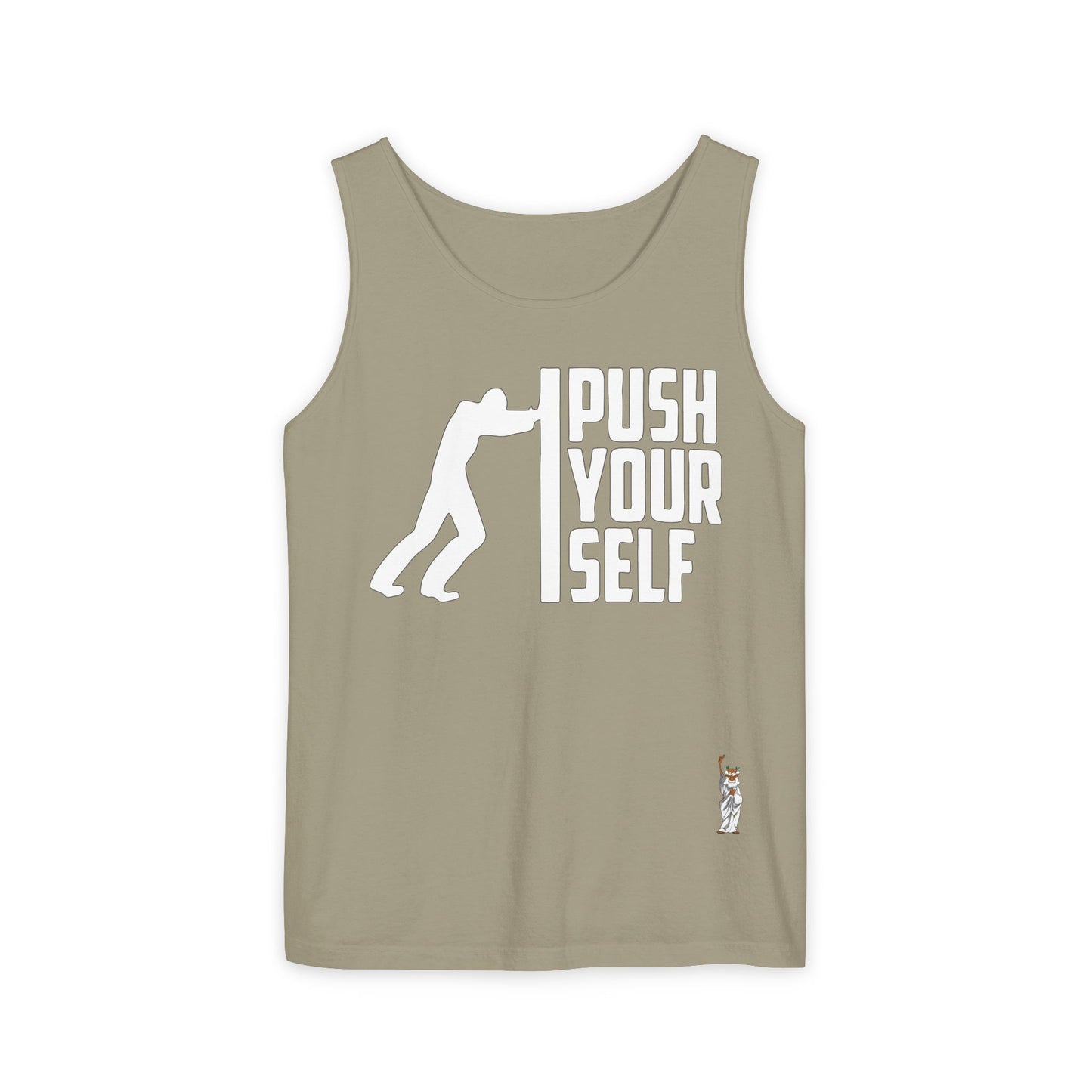 Unisex Garment-Dyed Tank Top featuring a Cheerful Wisdom Figure | Casual Summer Wear, Beach Essentials - Push Yourself - White