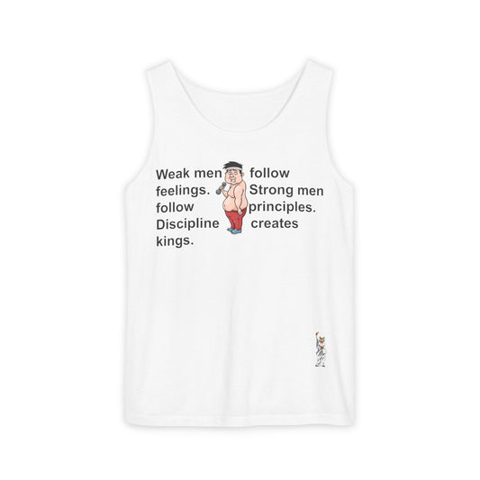 Unisex Garment-Dyed Tank Top featuring a Cheerful Wisdom Figure | Casual Summer Wear, Beach Essentials - Weak men follow feelings
