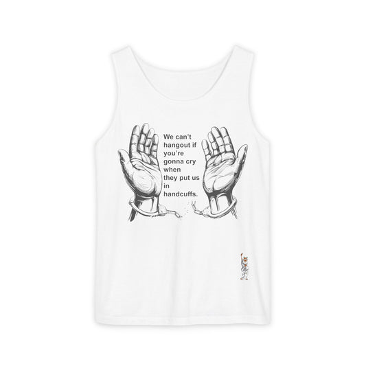 Unisex Garment-Dyed Tank Top featuring a Cheerful Wisdom Figure | Casual Summer Wear, Beach Essentials - We cant hangout