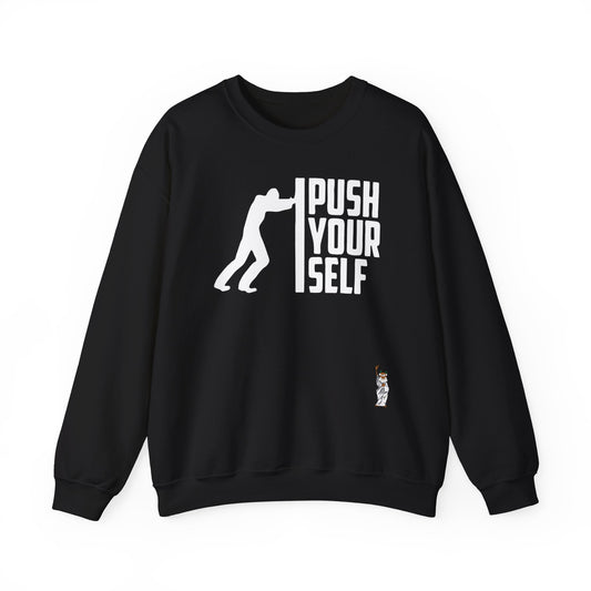Whimsical Comedy Sweatshirt - Unisex Crewneck,  Everyday Wear, Holiday Apparel, Graphic Sweatshirt - Push Yourself - White