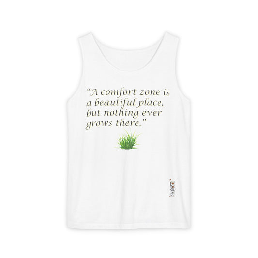 Unisex Garment-Dyed Tank Top featuring a Cheerful Wisdom Figure | Casual Summer Wear, Beach Essentials - Comfort zone is a beautiful place