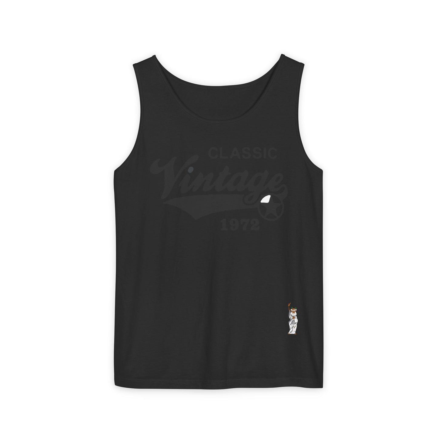 Unisex Garment-Dyed Tank Top featuring a Cheerful Wisdom Figure | Casual Summer Wear, Beach Essentials - Classic Vintage 1972