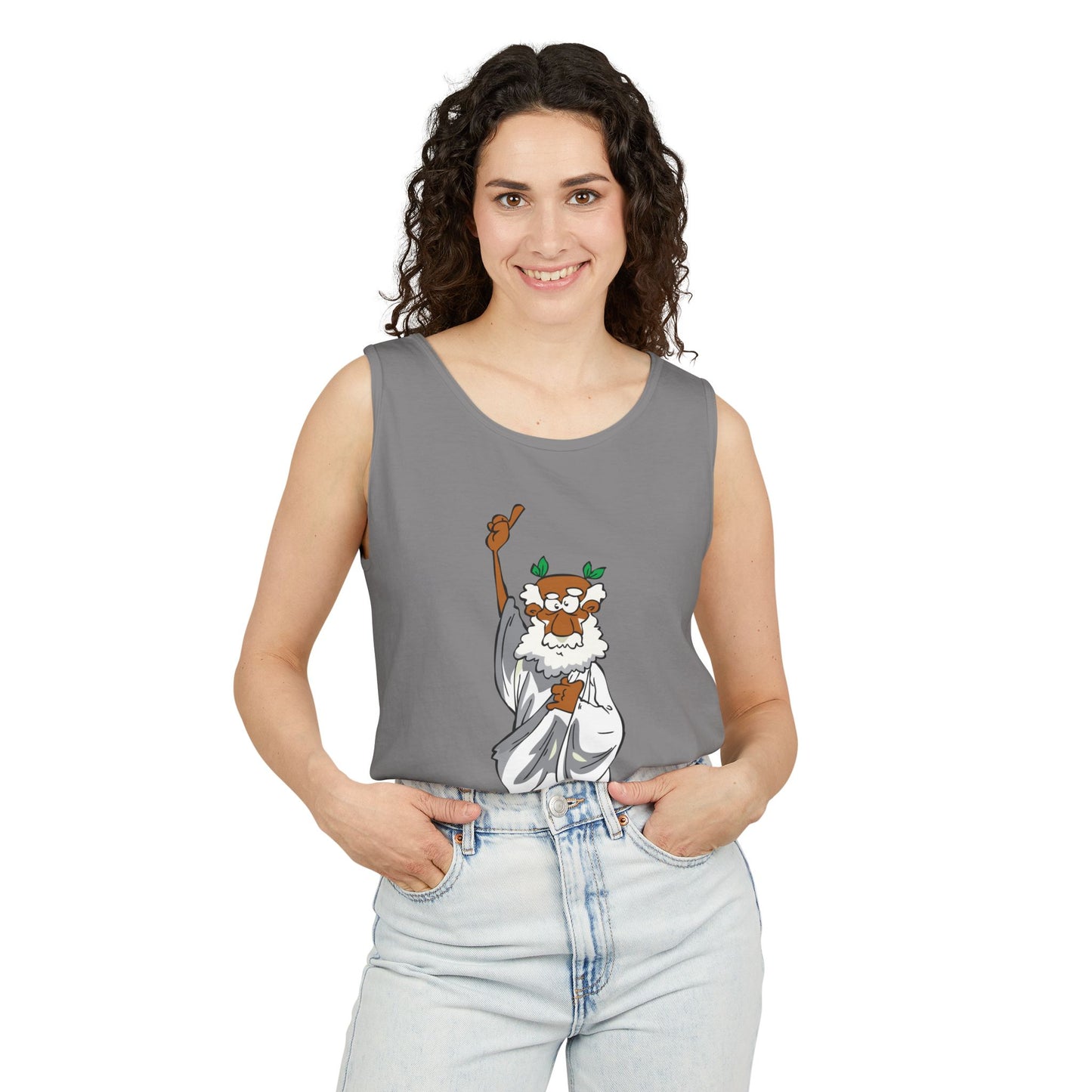 Unisex Garment-Dyed Tank Top featuring a Cheerful Wisdom Figure | Casual Summer Wear, Beach Essentials - Old Man
