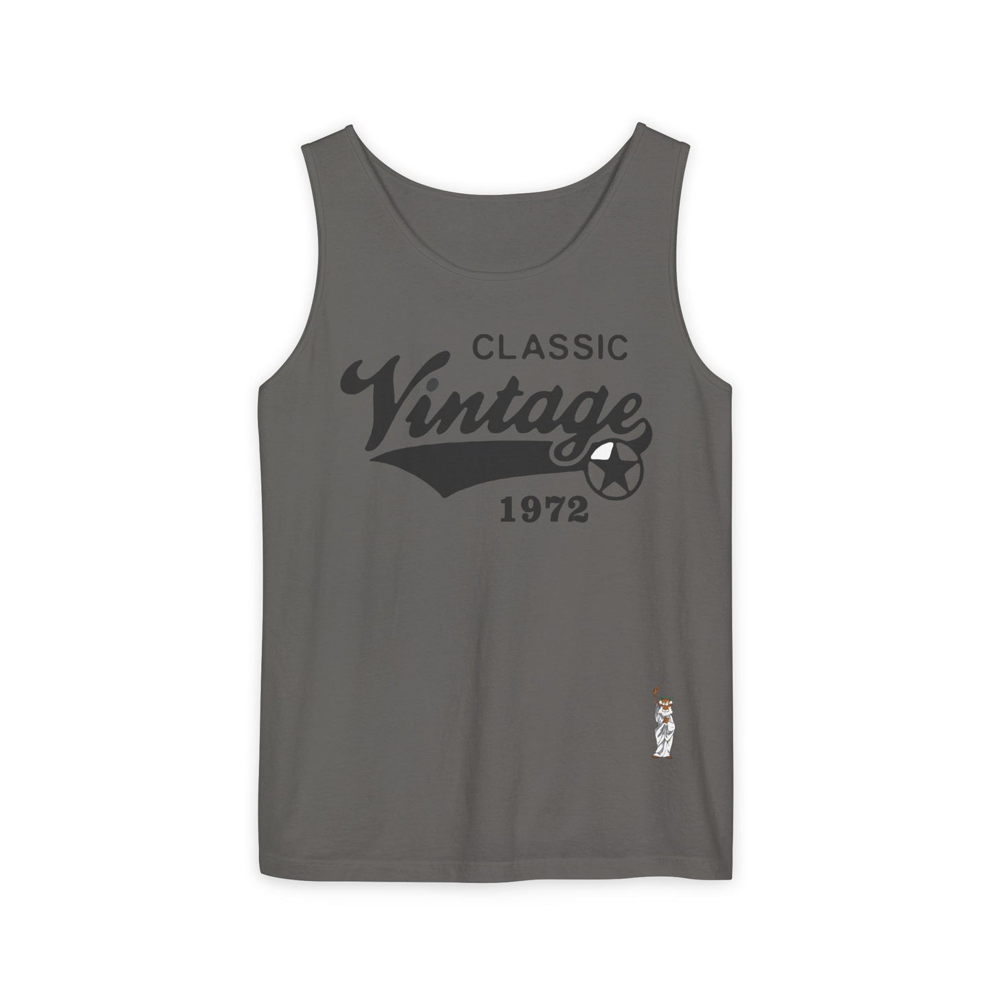 Unisex Garment-Dyed Tank Top featuring a Cheerful Wisdom Figure | Casual Summer Wear, Beach Essentials - Classic Vintage 1972